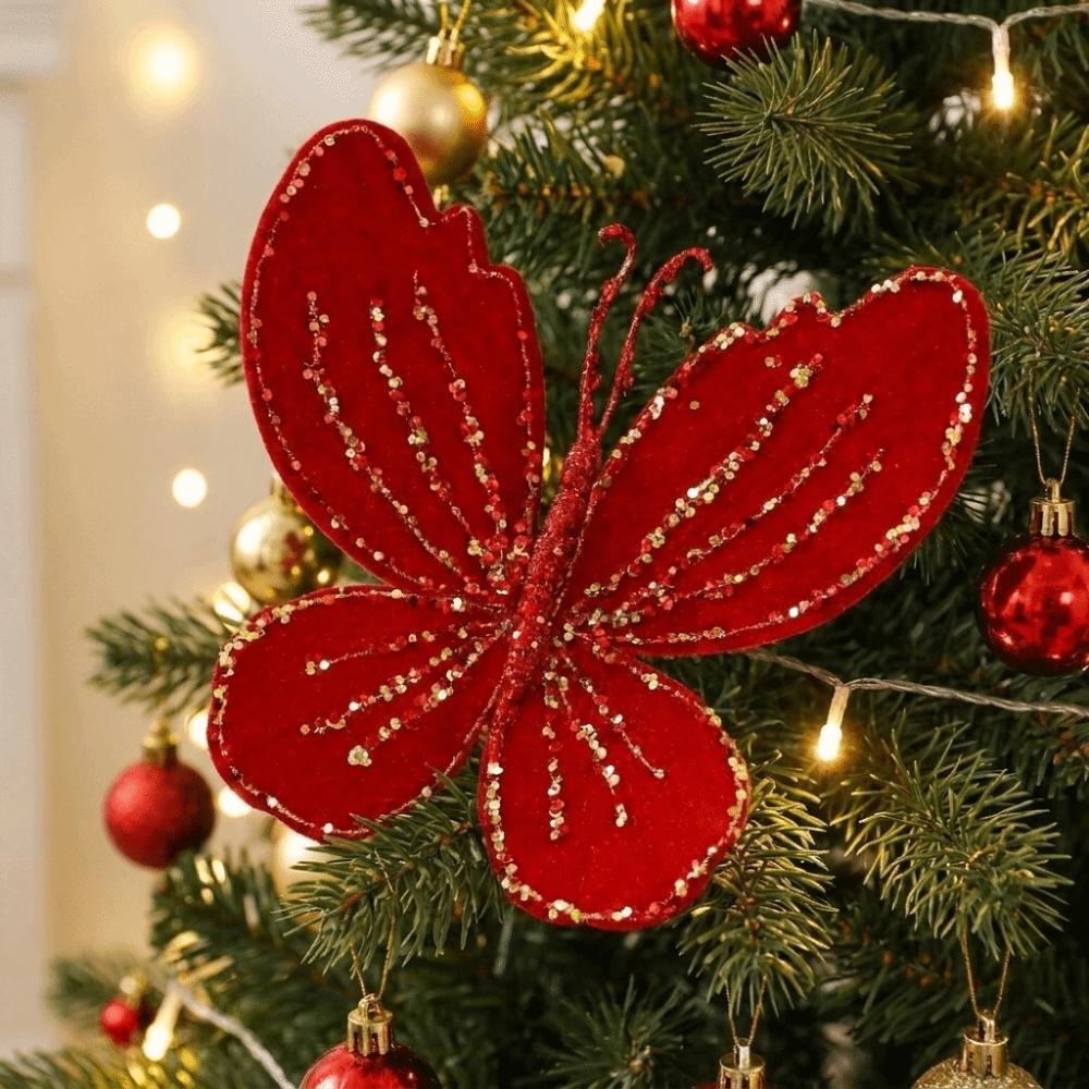 3D Glitter Christmas Butterflies Ornaments Exquisite Hand-Painted Simulation Butterfly Flocking Finish