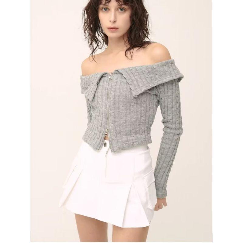 Cable Stitch Large Lapel off-Shoulder Double-Headed Zipper Knitwear