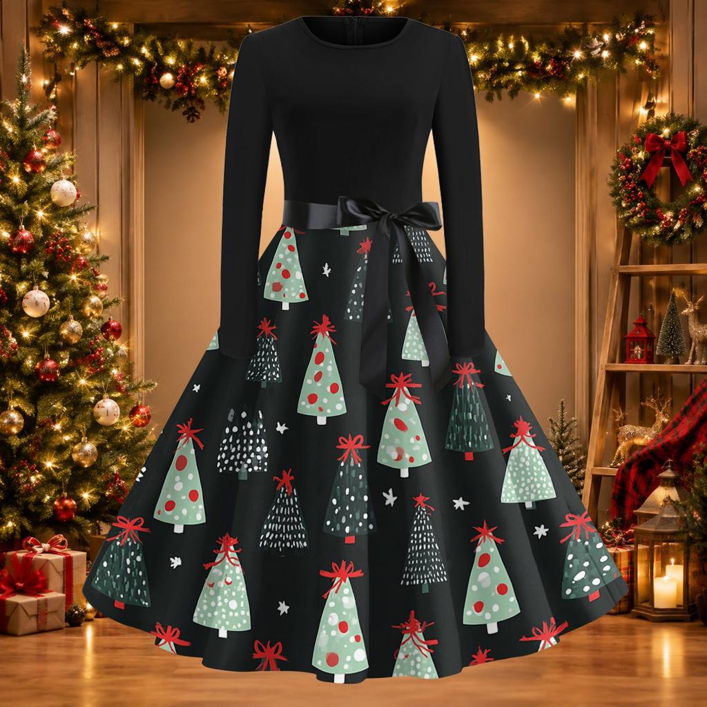 Women's Casual Vintage Christmas Print Neck Dress