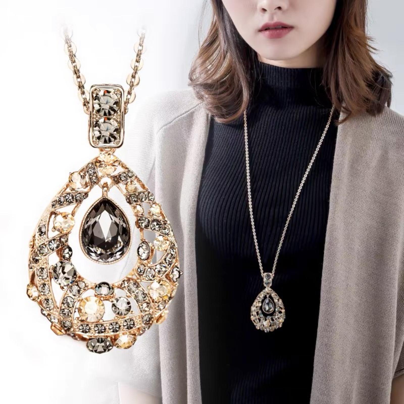 Crystal Embellished Teardrop Pendant Sweater Necklace Adjustable Length Lightweight Design Durable Materials Suitable for Various Outfits One Size