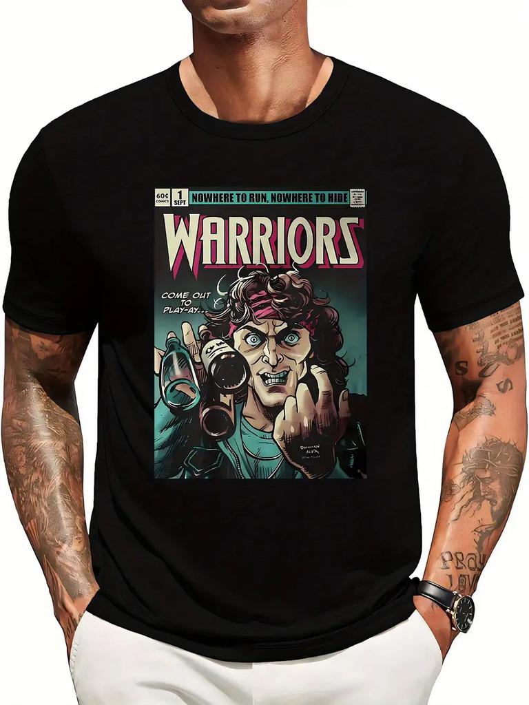 Black Warriors Comic Graphic Print Short Sleeve T-shirt - Regular Fit Casual Round Neck Tee with Vibrant Artwork