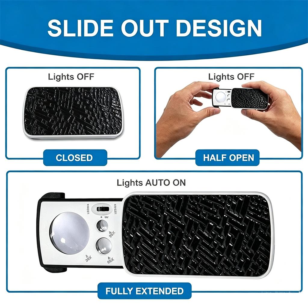 Portable Triplex Magnification Loupe 30X 60X 90X Slide-Out Style LED UV Lighted Jewelry Magnifier for Gemology Micro-Engraving