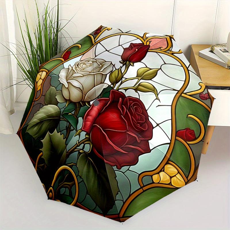 1pc Rose Garden StainedGlass Compact Travel Umbrella, Automatic Folding Lightweight Windproof 8-Bone Reinforced Design, Portable for Backpac