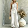 [Factory direct sales] New European and American cross-border women's clothing sexy slanted shoulder high waist drape and thin holiday jumpsuit