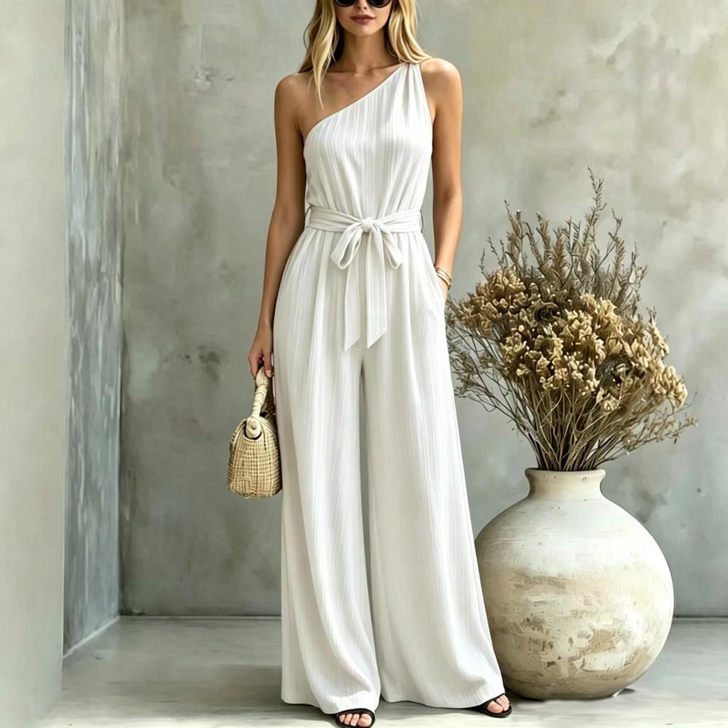 [Factory direct sales] New European and American cross-border women's clothing sexy slanted shoulder high waist drape and thin holiday jumpsuit