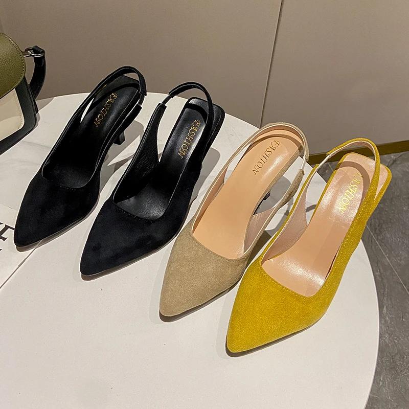 New Women High Heel Sandal Fashion Pointed Toe Shallow Slip on Dress Mules Shoes Thin Low Heel Slingback Sandal