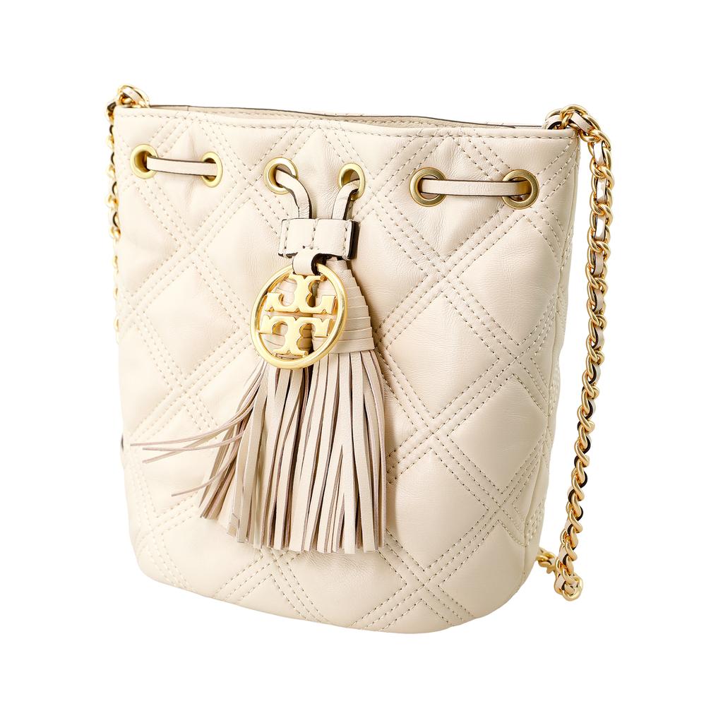 Tory Burch TB Fleming gesteppter Quastenanhänger geflochtene Kette Ledereimer Tasche Damen Umhängetasche Weiß 74853-122