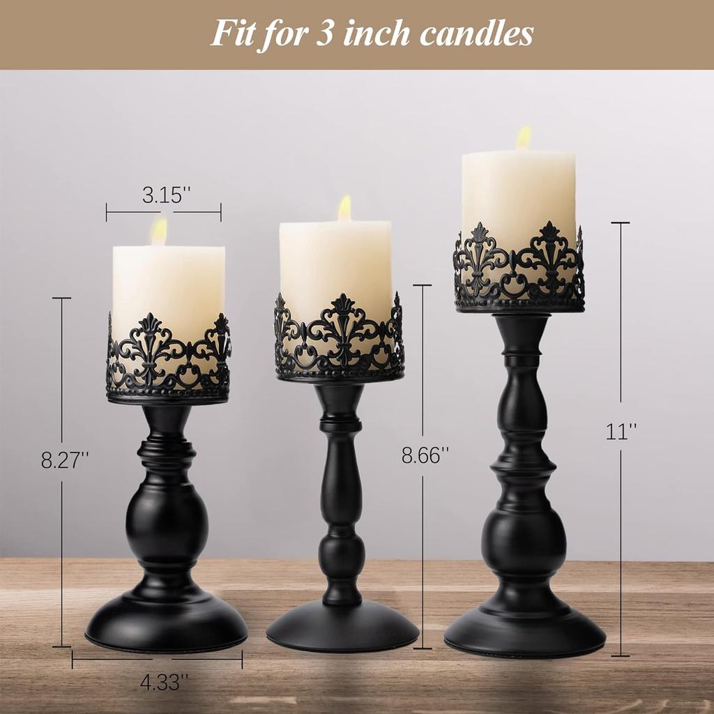 Vintage Pillar Candle Holders for Table Centerpiece Set of 3-11'' 9'' 8'' - Matte Black Metal Candle Stands Decorative - Candle Centerpiece for Table