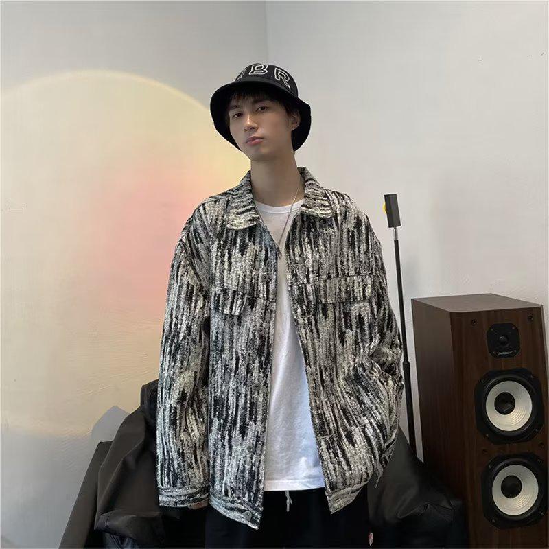 

Men s Tie-Dye Denim Jacket - Spring/Autumn Loose-Fit, Hong Kong Retro Streetwear Trend L чорний