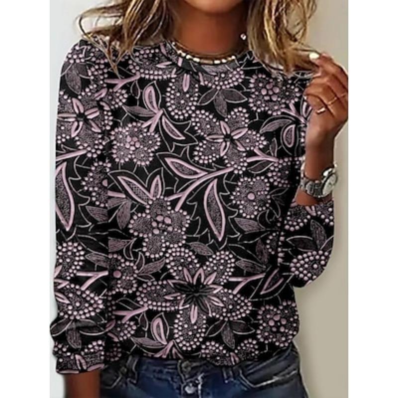 

Женская футболка с цветочным принтом, модная, современная, с длинным рукавом, круглым вырезом, обычные топы, повседневный принт, черный, синий, серый, летний 5XL