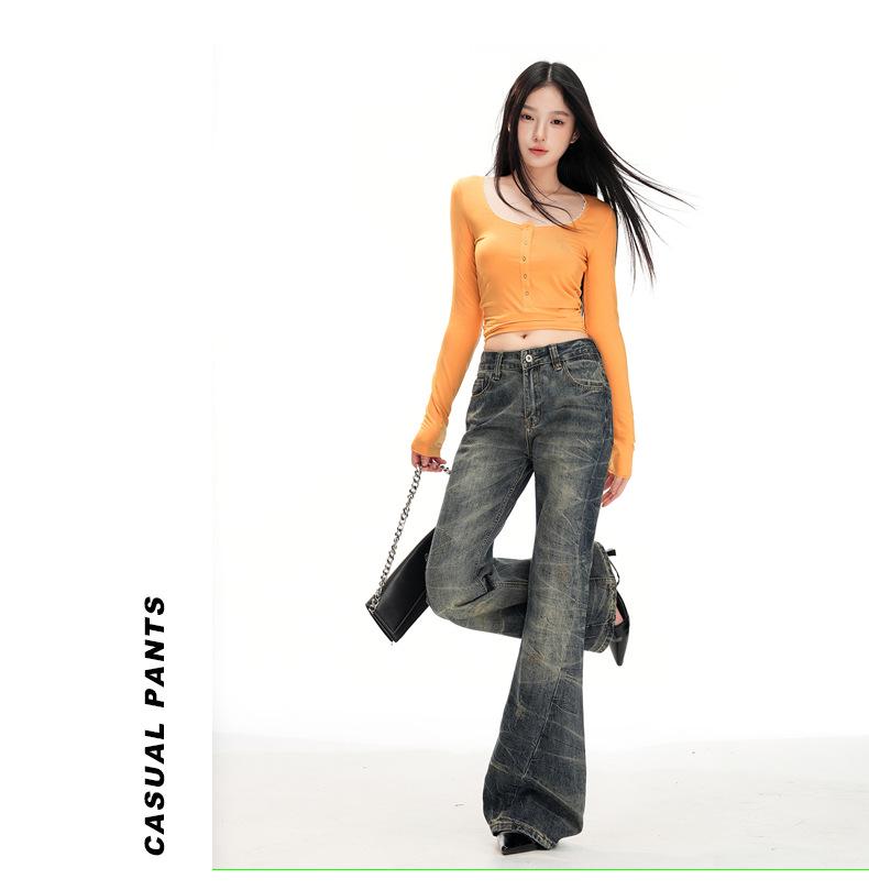 Damskor med hög midja, retro utsvängda jeans: Lös passform, golvlang hovformad design