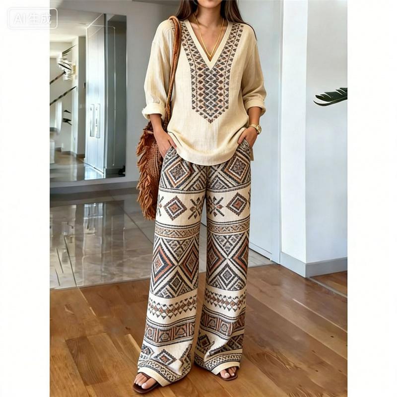 1116 Bohemian Print Cotton and Linen Shirt Wide-leg Pants Two-piece Set, Vacation Casual Suit Women Y1