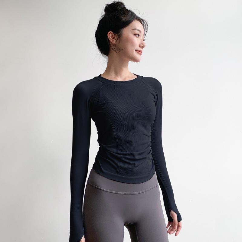 Damska dopasowana koszulka do jogi z długim rękawem, szybkoschnąca, z okrągłym dekoltem, idealna do biegania, pilatesu, treningu i fitnessu.