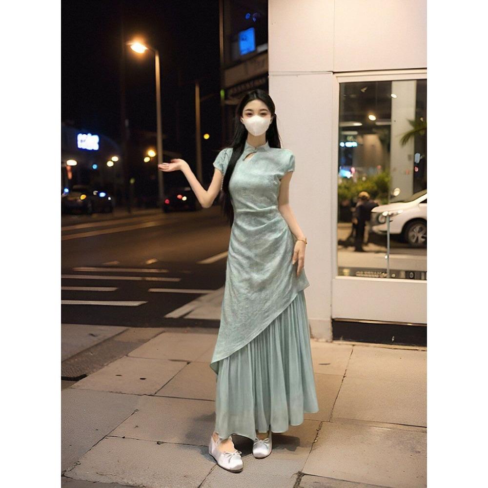 New Chinese Cheongsam Summer New Style Fashionable Irregular Fake Two-piece Slim Dress