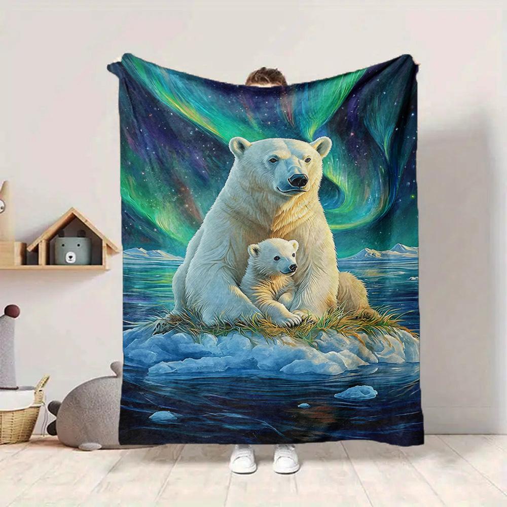 1pc Polar Bears Aurora Blanket, Lightweight Flannel Throw Blanket For Sofa, Bed, Travel, Camping, Living Room, Office, Couch, Chair, And Bed