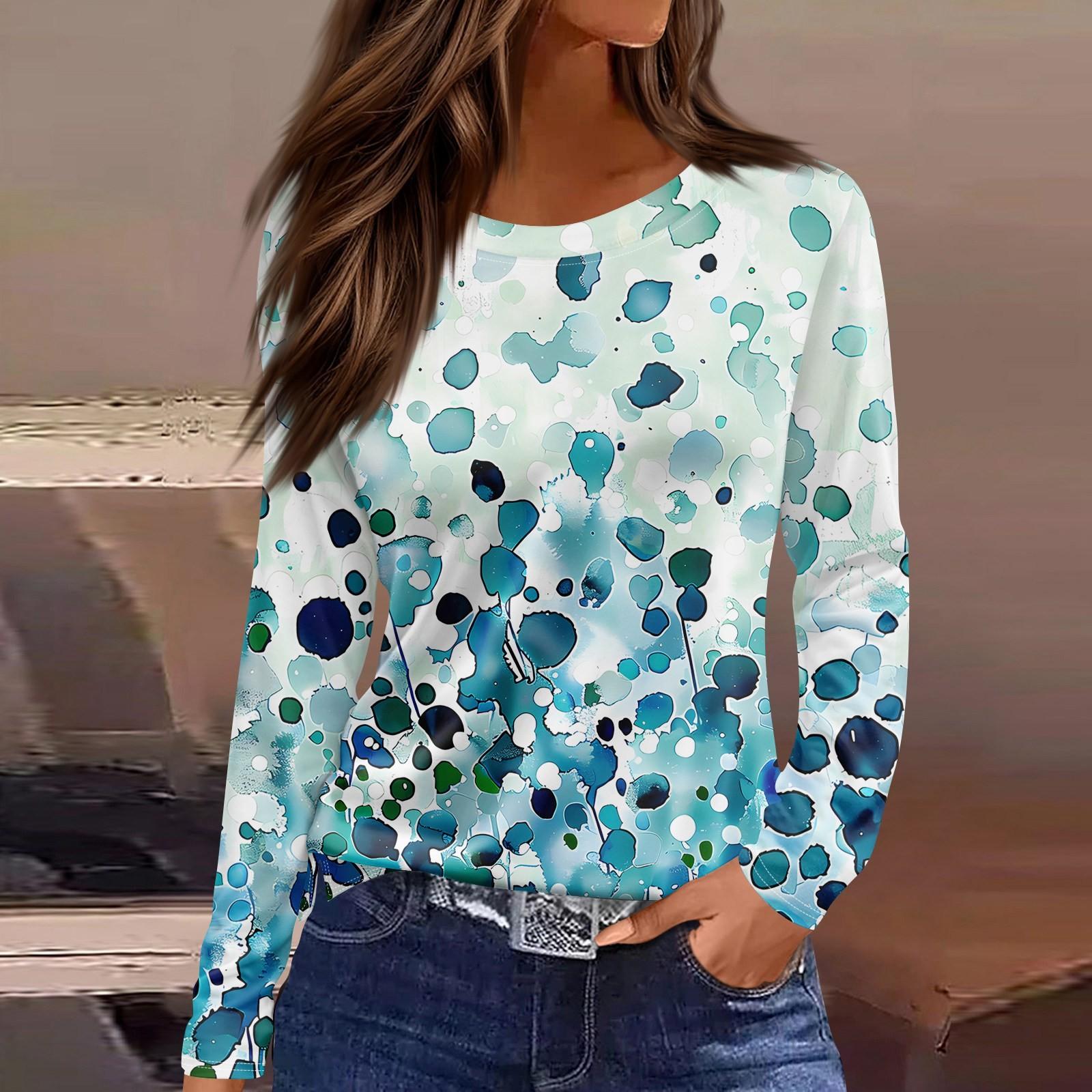 

Женская модная повседневная свободная футболка с принтом и круглым вырезом с разрезом и длинным рукавом, женский топ S циан