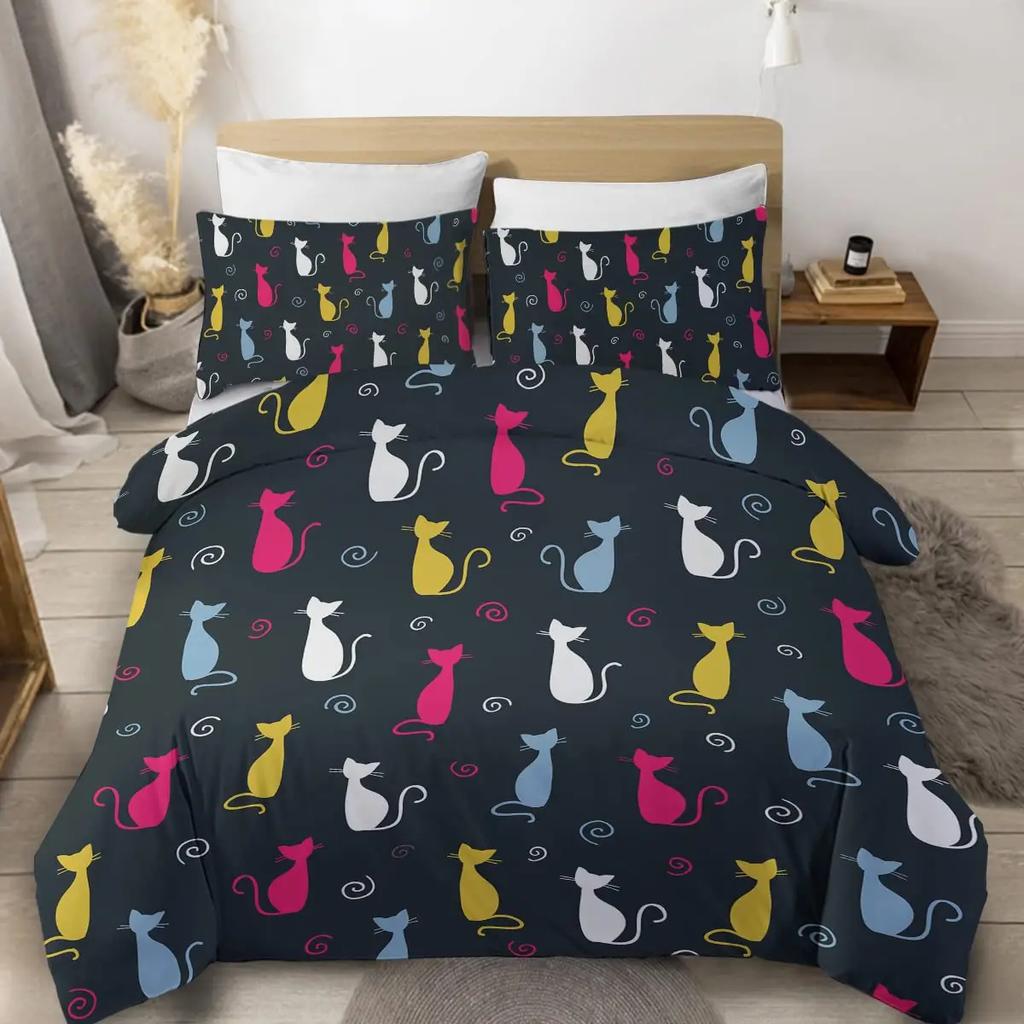 Witch Black Cat Duvet Cover Set Full,Cat Sitting On Moon Bedding Set Vintage Gothic Animals Cat Comforter Cover 2/3pcs Bed Sets