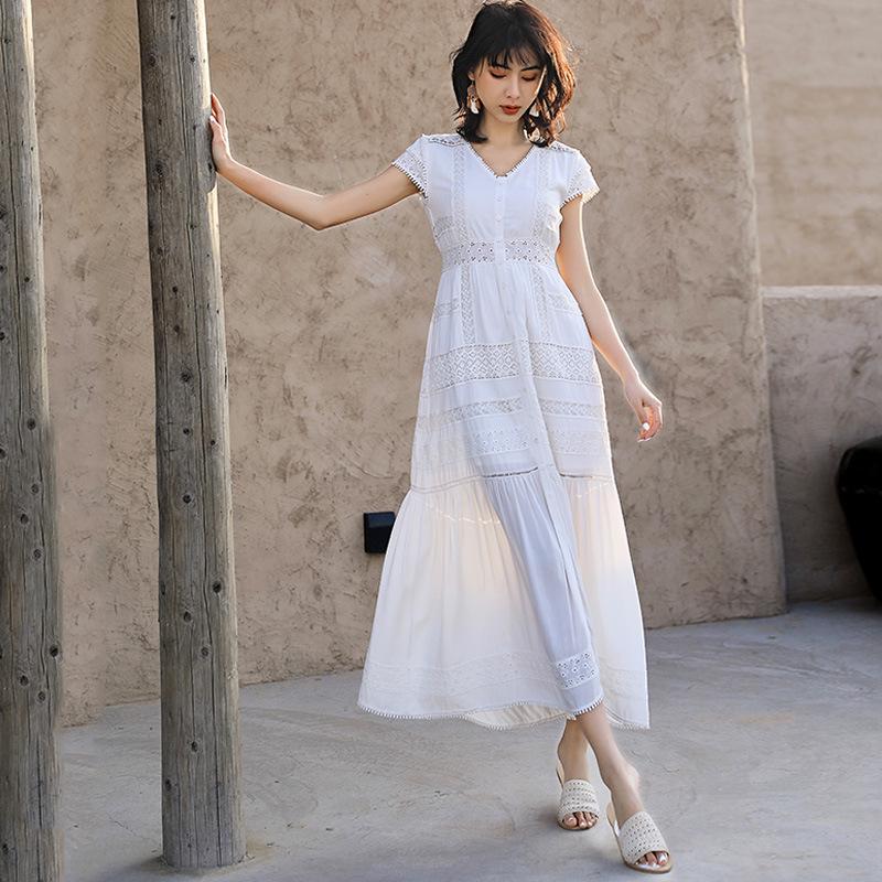 White Lace Mid-Length V-Neck Travel Dress - Korean Style 2025