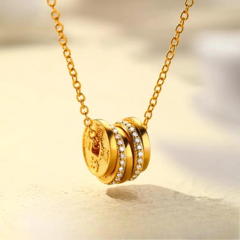 

Luxury Real Gold Chinese Retro Palace Style Five Emperor Coins Gold Plated Dot Diamond Diamond Coin Necklace Women золотий