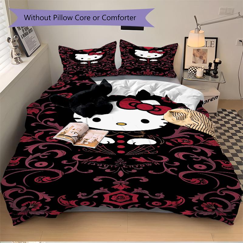 3pcs Darkly Romantic Floral Hello Kitty Quilt Cover Set (1 Quilt Cover + 2 Pillowcases Without Pillow Core), High-Definition Printing for Home an