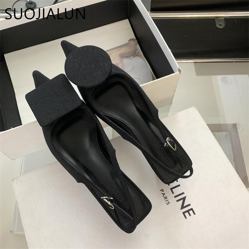 Fashion SUOJIALUN Women Sandal Shoes Fashion Pointed Toe Shallow Slip On Ladies Elegant Dress Slingback Shoes Thin Med Heel Dress Pumps