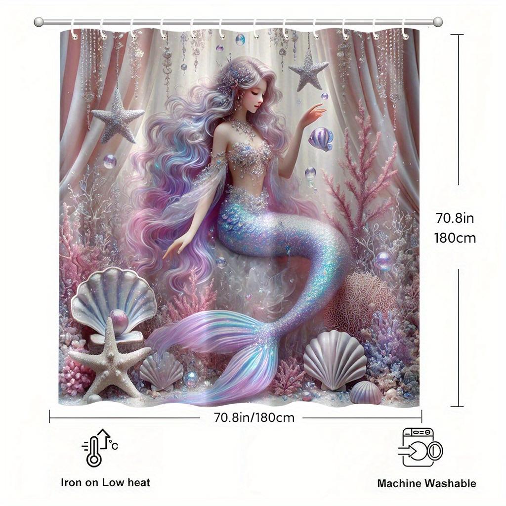 Fantasy Mermaid Shower Curtain Waterproof Easy To Clean Privacy Protection Print Magical Ocean Design Dreamy Pink Purple Art