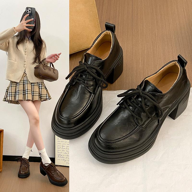 2025 Autumn New Versatile Lace-up Loafers Commuter Thick-heeled Women's Shoes Retro Style Round Head High-heeled Women's Single Shoes