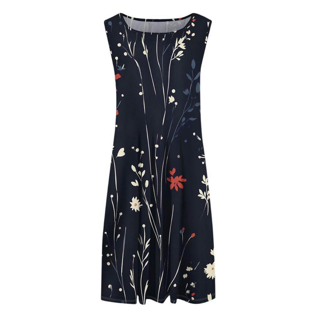 Women's Casual Fashion Floral Print Round Neck Sleeveless Midi Dress