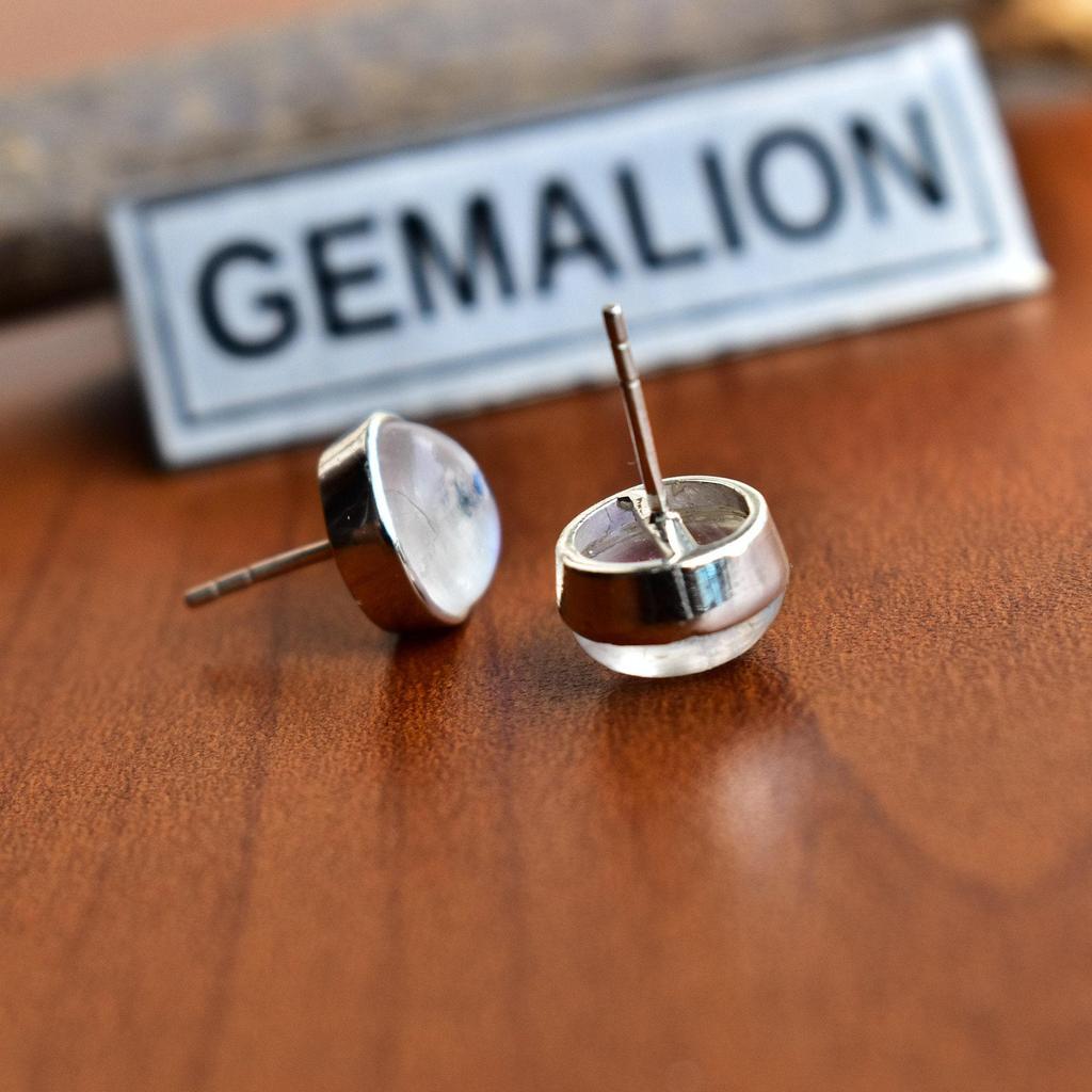 Genuine 925 Sterling Silver Round Moonstone Earrings Studs Gemstone Jewellery , Moonstone Studs ,  Cute Earrings , Bridesmaid Earrings