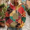Damen Retro Print Kapuzenpullover mit langen Ärmeln, Taschen und lässiger Passform