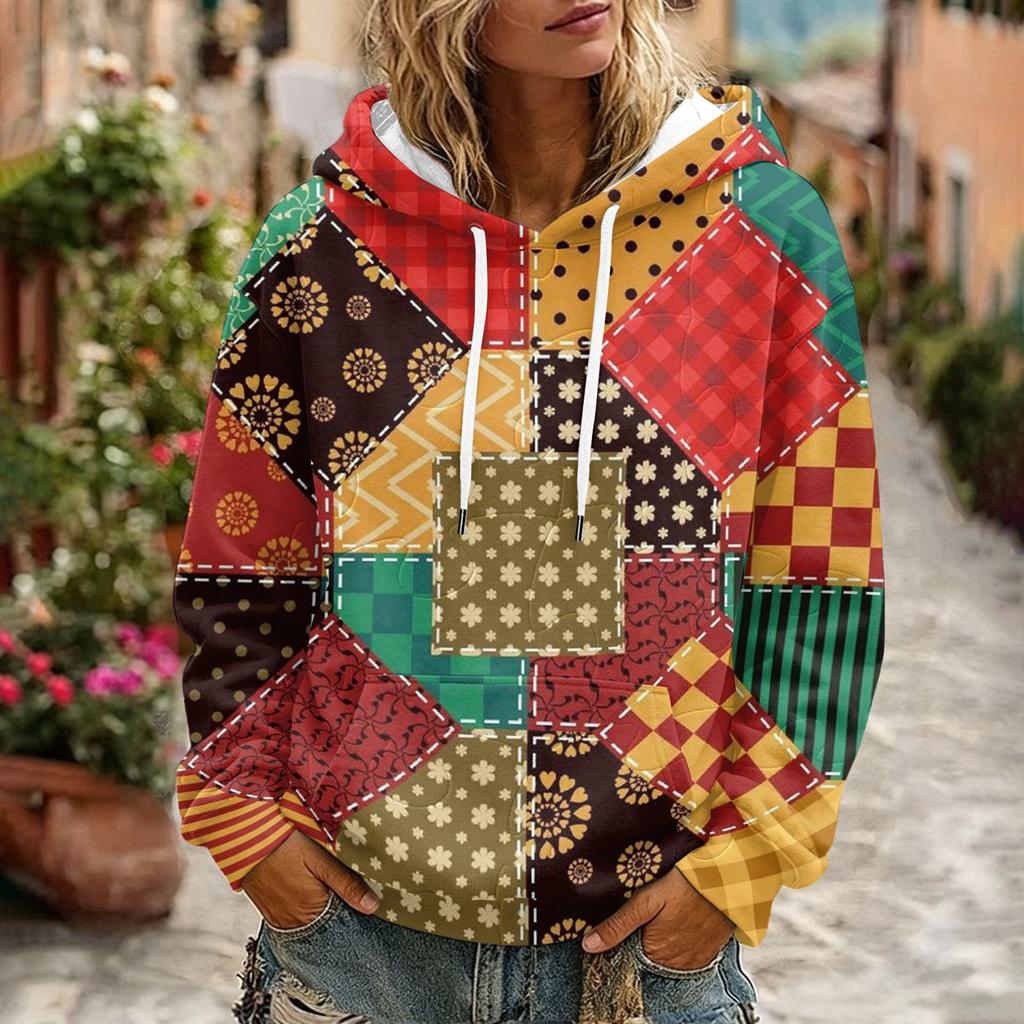 Damen Retro Print Kapuzenpullover mit langen Ärmeln, Taschen und lässiger Passform