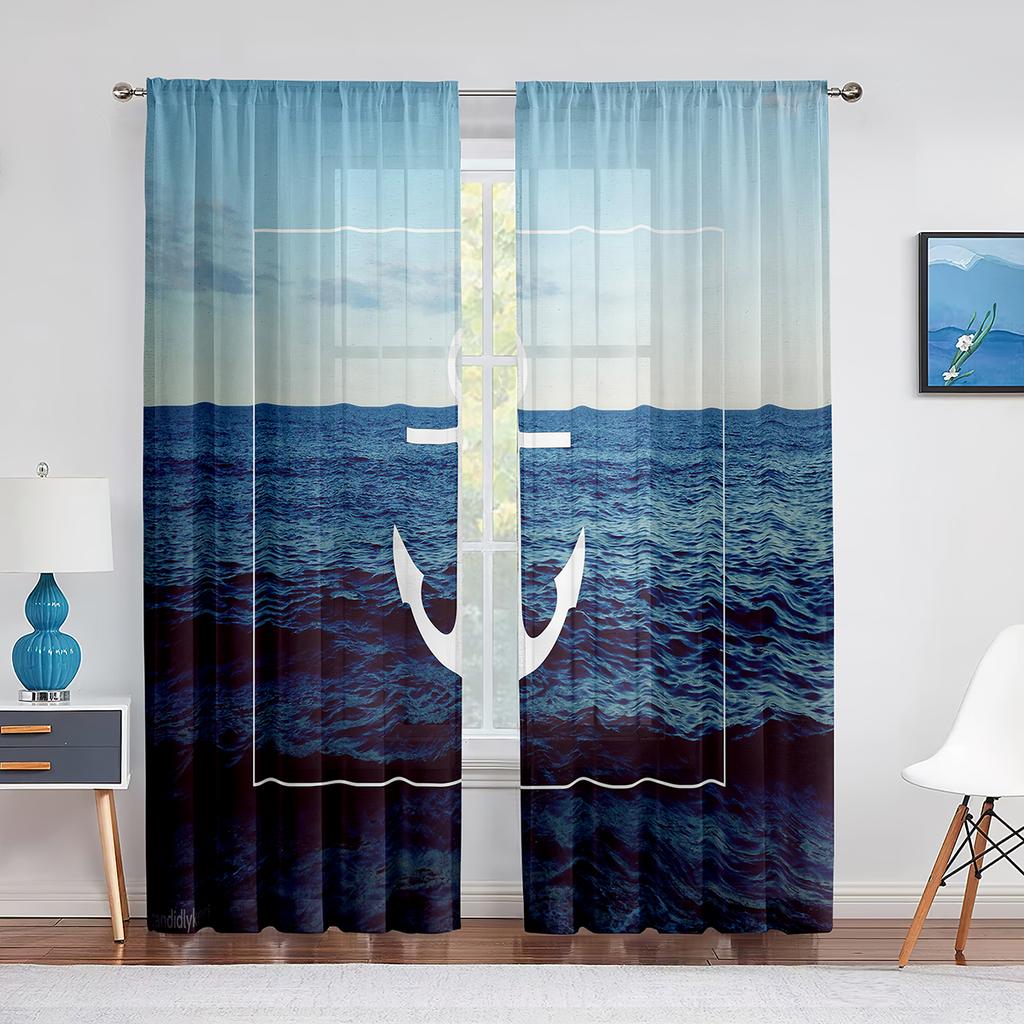 Nautical Anchor Rustic Grey Wooden Sheer Window Curtains Bedroom Modern Chiffon Drape Tulle Living Room Kitchen Voile Curtain