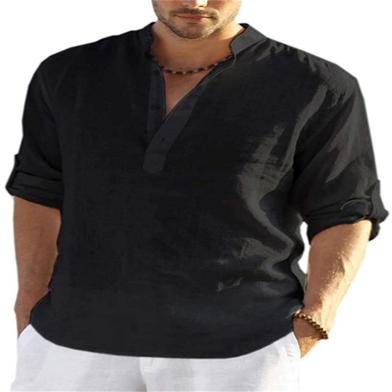 Men's Casual Cotton And Linen Solid Color Long-sleeved Shirt Loose Stand-up Collar Shirt Men