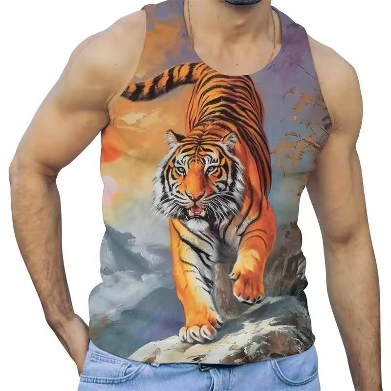 Trend Tiger Graphic Tank Tops Men Fashion Summer Sleeveless 3D Animals Printed Men Vest Cool Streetwear Oversized Tees Tops