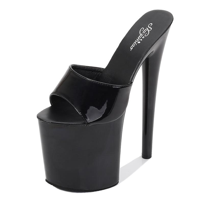 Damen Sommer 20cm Super High Stiletto Heels - Lackleder Sexy Wasserdichte Plateau-Slipper 35 schwarz