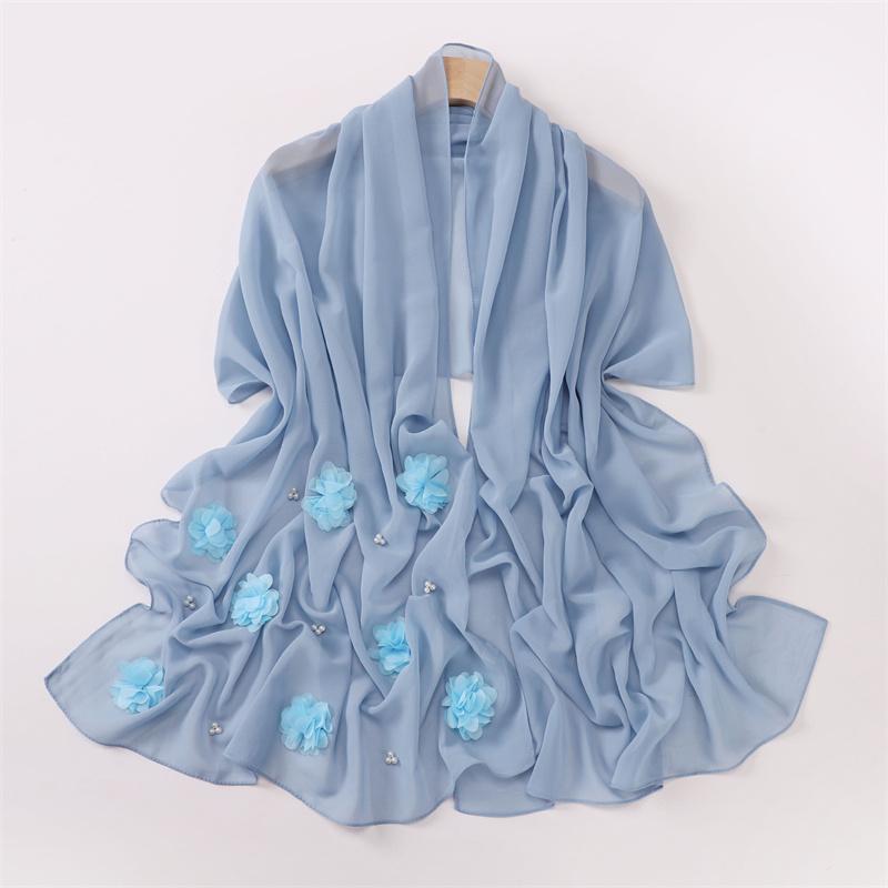 Einfacher Stich Rose Floral Blasen Chiffon Hijab Ramadan Perlen Schals Tücher Damen Sonnenschutz Kopftuch Outdoor Winddicht Kopfwickel