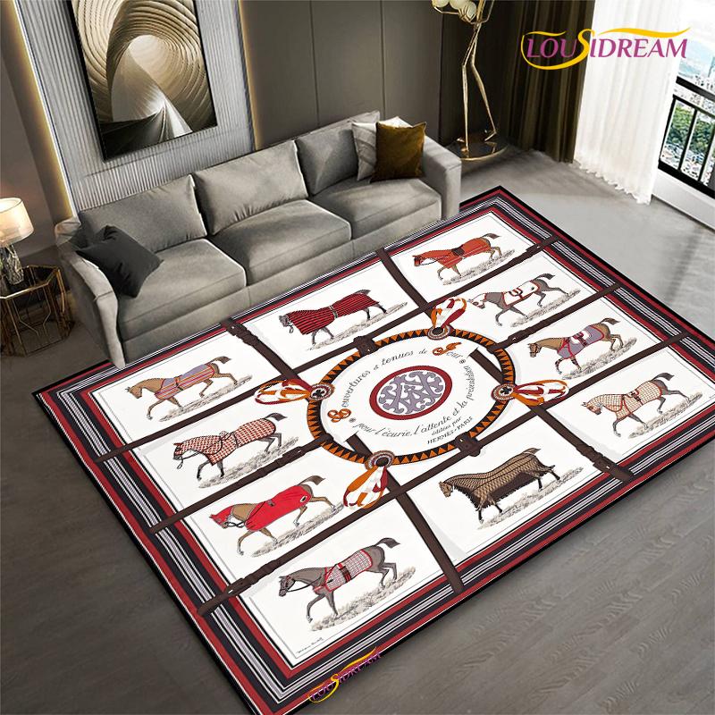 Fashion Ethnic Frame Carpet Horse Home Decor Rectangle Room Rug Black Green Orange Living Room Bedroom Bedside Floor Table Mat