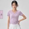 Women's Slim-Fit V-Neck Drawstring Top: Fashionable, Versatile, Soft Texture, Short-Sleeved T-Shirt, Complements All Skin Tones.