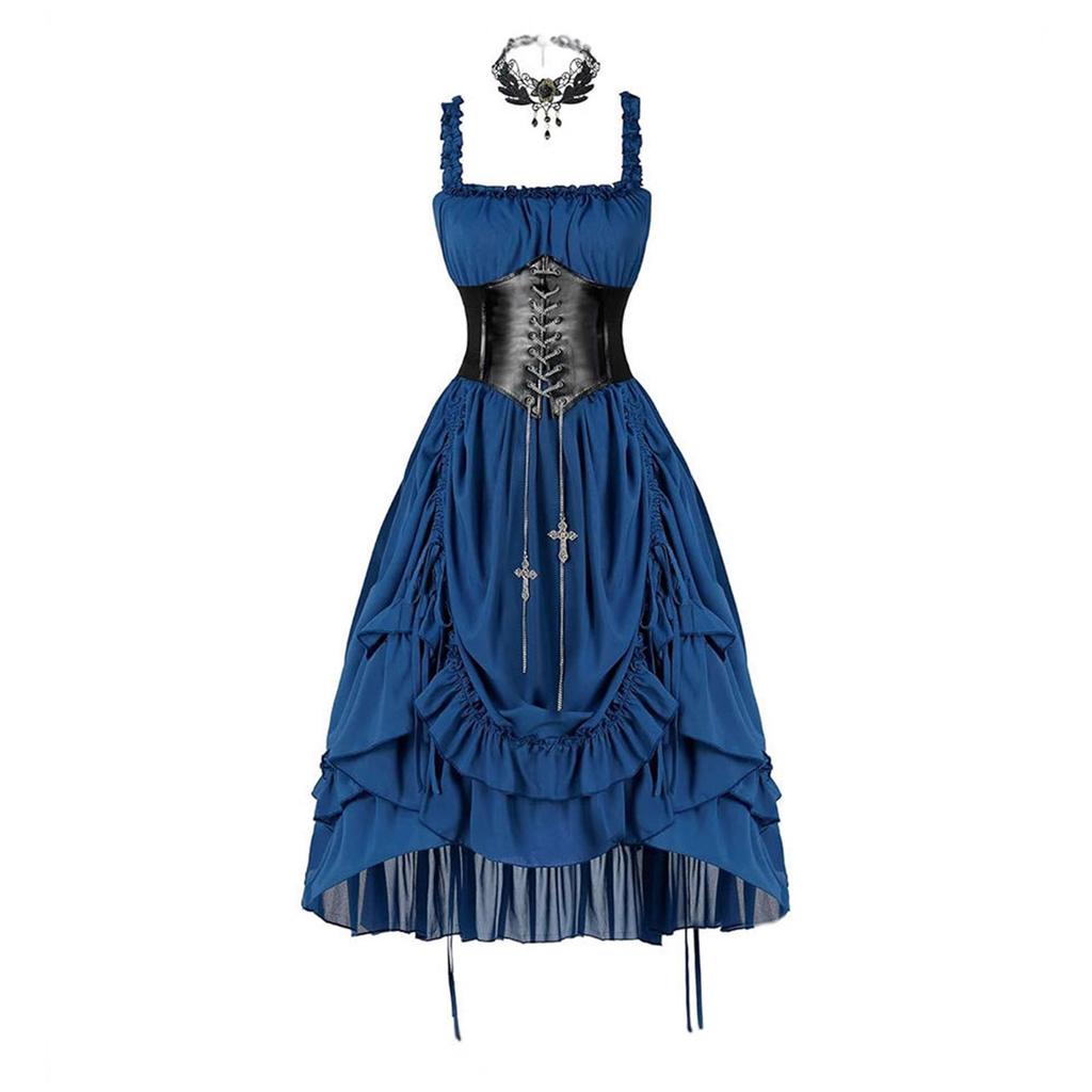 Gotische Jurk en Ketting Set voor Dames voor Halloweenfeest, Corsetriem Niet Inbegrepen