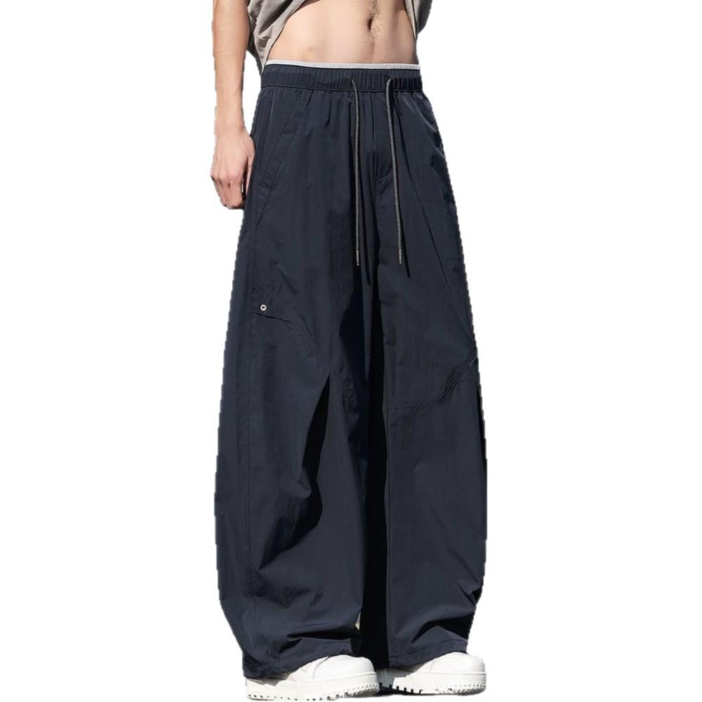 Spring and Summer New European Scimitar Loose Navy Blue Splicing Wide-leg Casual Pants Men's Very Light Pants