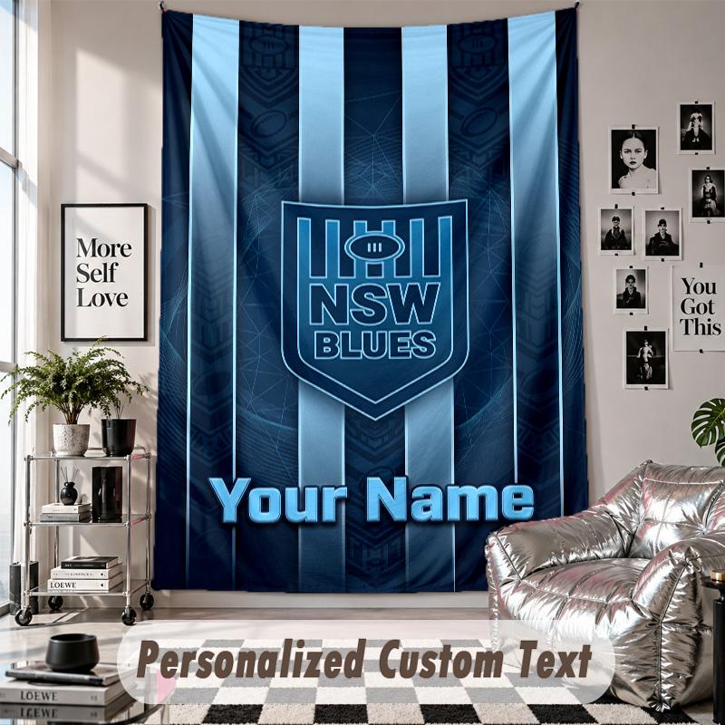 Wall Hanging Tapestry With Custom Name & Text, NSW Blues Logo Decorative Tapestry For Bedroom