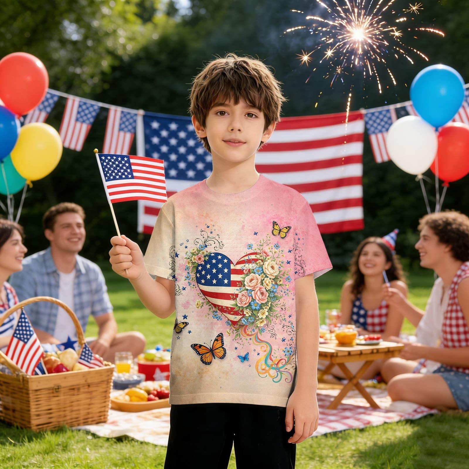 

Kids Independence Day Graphic T Shirt Short Sleeve Casual Tee Crew Neck Comfortable Fit Soft Fabric 160