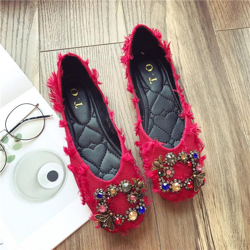 Autumn Fashionable All-match Rhinestone Square Buckle Square Toe Cloth Flat Heel Single Shoes Women's Soft Sole Moccasins