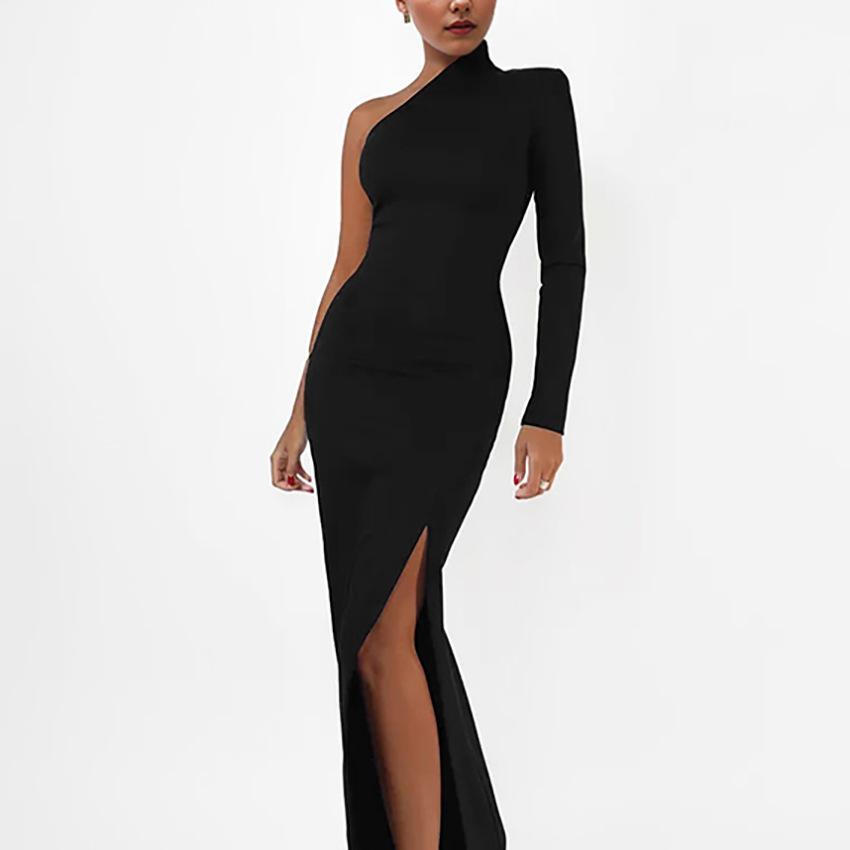 Hot Sale Sexy Black Slash Shoulder Dress Women's Summer New Inside Banquet Hip Wrap Dress Skirt Women's Clothing