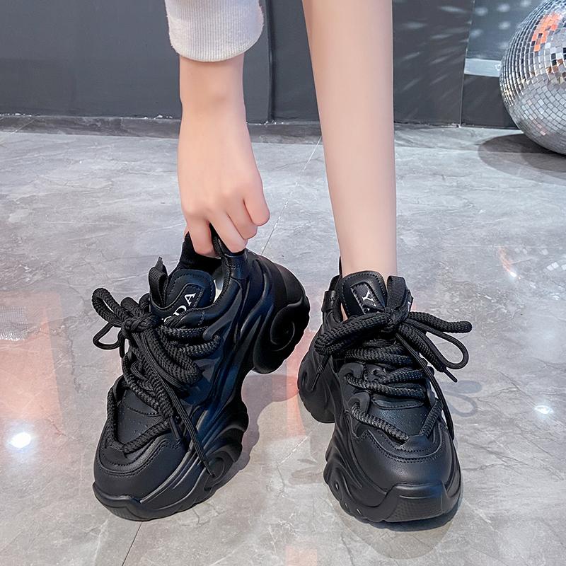 Fashion High Quality Spring Women Platform Sneakers  Chunky Shoes Sport Vulcanized Shoes Female Casual Shoes 8CM Autumn Thick Leather