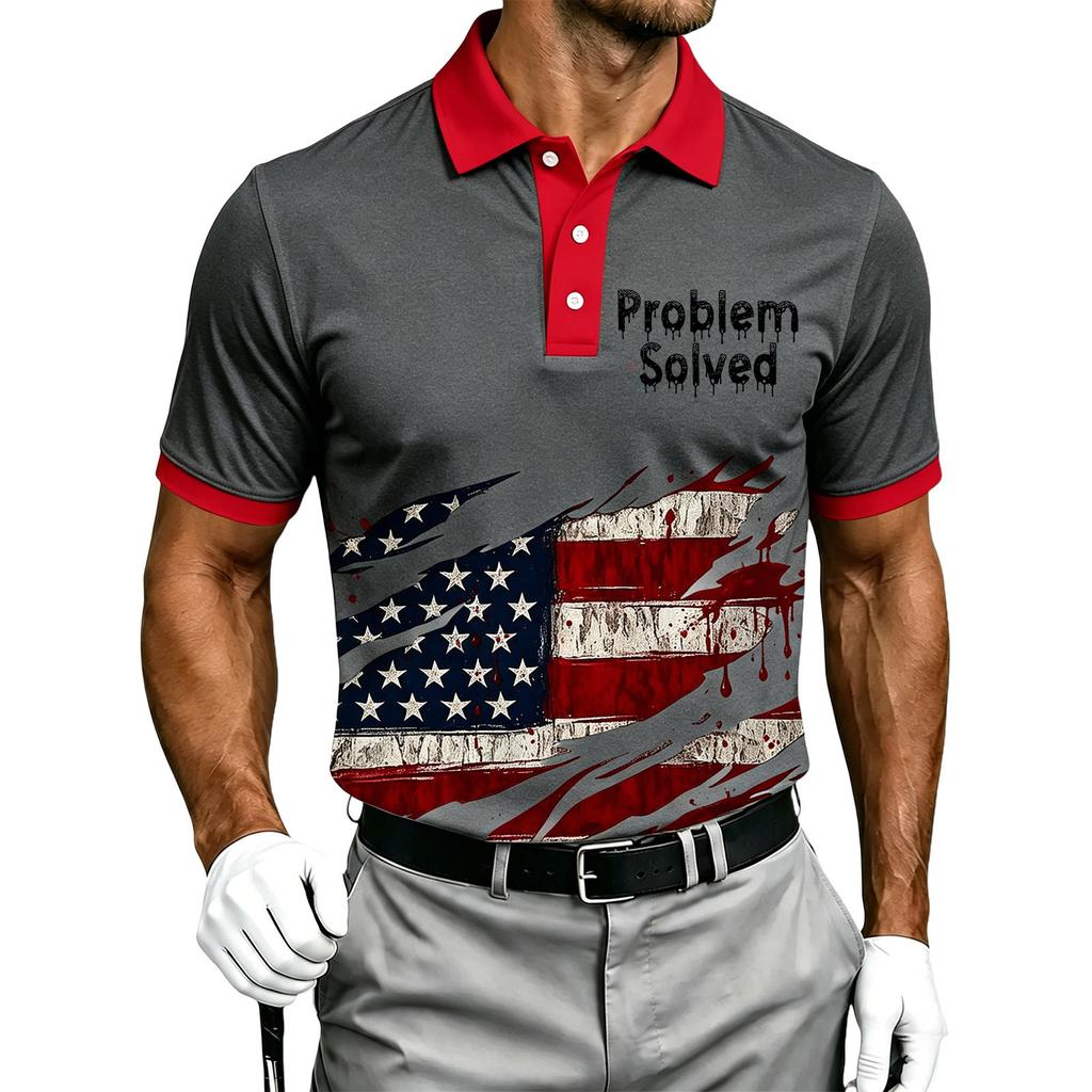 Men's Short Sleeve Polo Shirt Halloween Flag Print Casual Button Down Collar Top Lightweight Breathable Fabric Summer Wear
