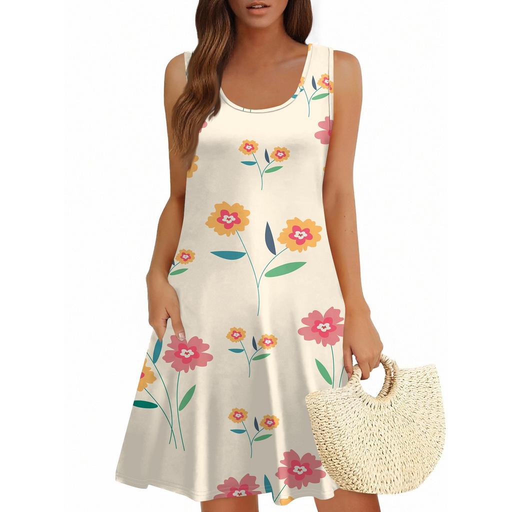 Damen Sommerkleid, lässig, quadratischer Ausschnitt, Blumendruck, ärmellos, mit Taschen