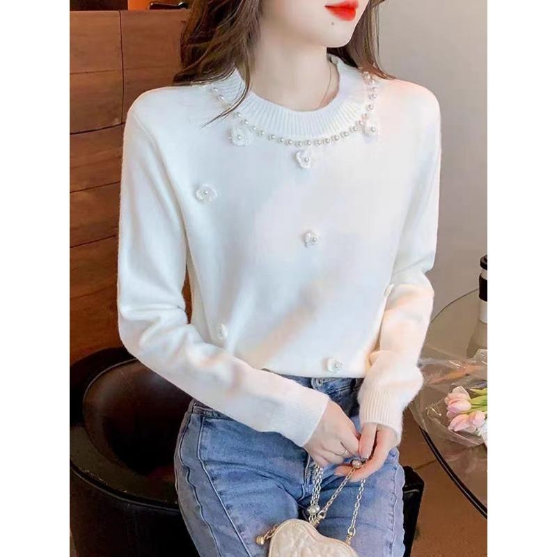 

Autumn and winter warm autumn soft wind long-sleeved knitted sweater age-reducing sweet bead disc flower knitted sweater one size fits all