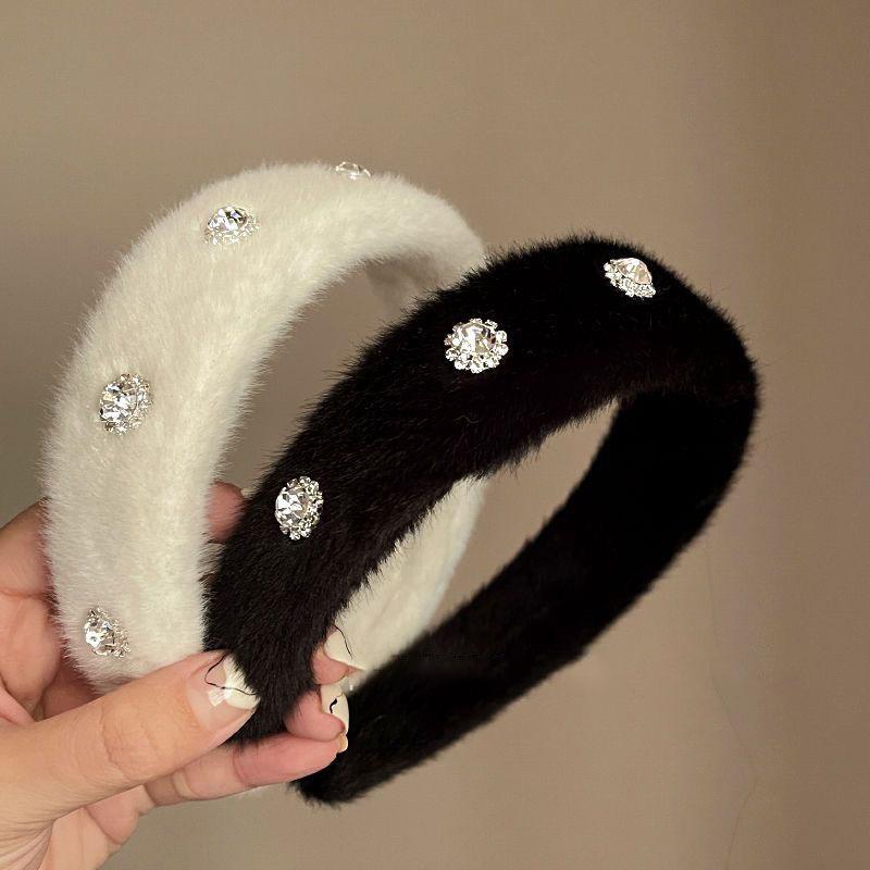 Diamant Nerts Bont Hoofdband Haarringen Dames Winter Pluis Ski Haaraccessoires Warm Zacht Kunstmatig Lamswollen Haarbanden beige