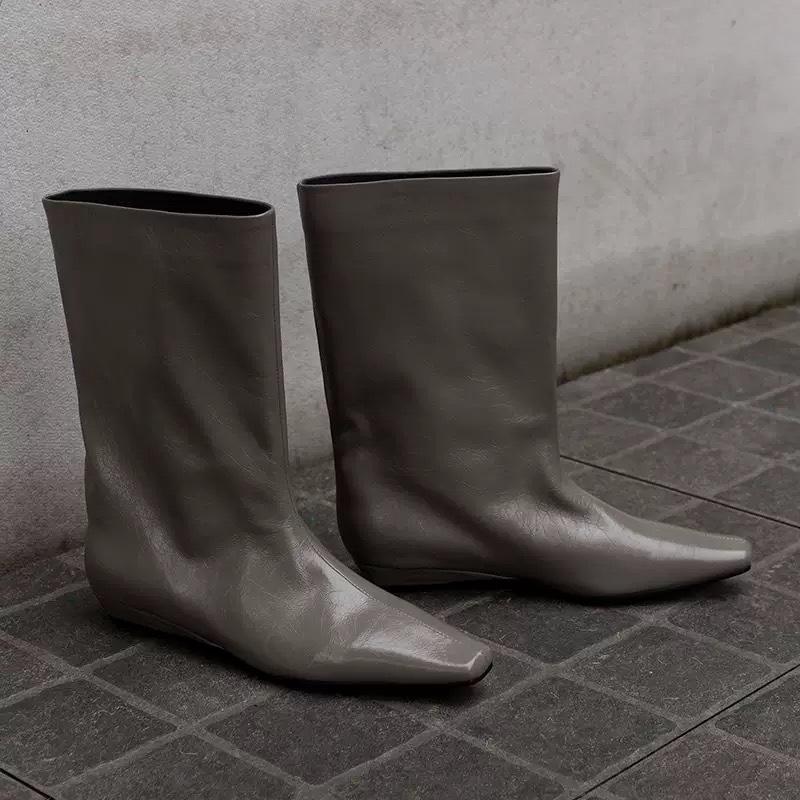 

Версия из коровьей кожи~ Корейские нишевые маленькие квадратные носки, на танкетке, прямые сапоги-миди, женские новые тонкие ботинки Челси 2025 40 серый